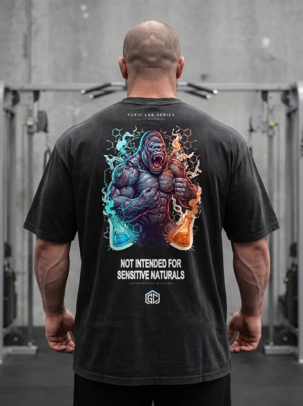 Faded Black oversized tee with the large 'Not Intended for Sensitive Naturals' warning-label graphic printed across the back